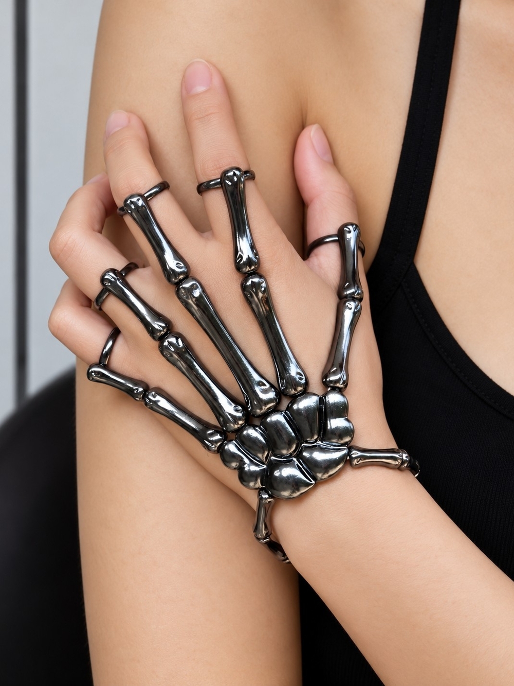 Gothic Skeleton Hand Bracelet Ring Set – Gunmetal Statement Jewelry